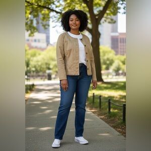 Lane Bryant Khaki Twill Jacket Size 28 (3X) Gold Silver Studs Button Front